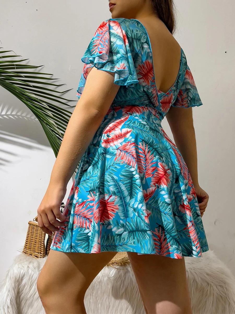 Robe de plage grande taille 2026, maillot de bain imprimé à col en V pour femme, tenue de bain fémin