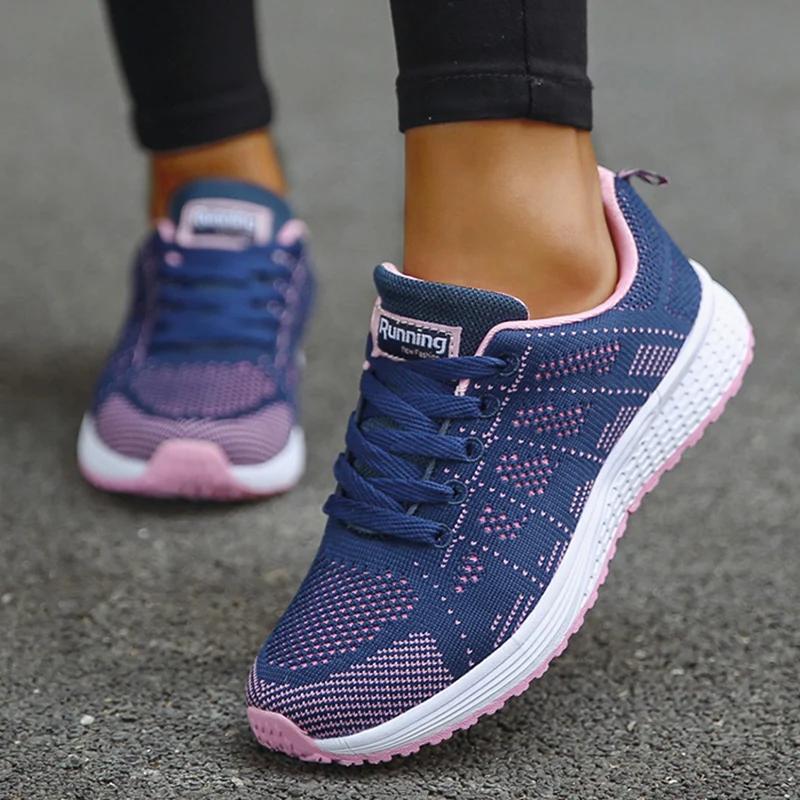 Baskets femme 2024 nouvelle mode respirant couleur unie marche baskets femmes maille tissu à lacets 
