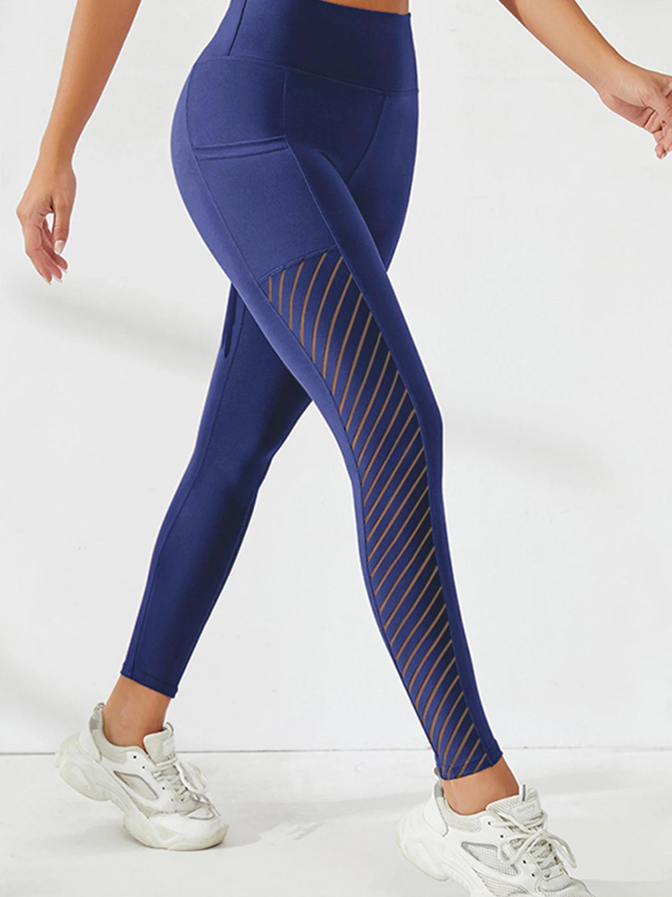 Pantalon de Yoga taille haute en maille latérale pour femmes, Leggings avec poches, contrôle du vent