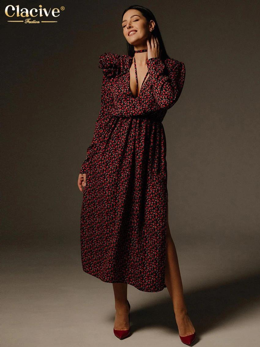 ClacMarkets-Robe mi-longue sexy à col en V profond pour femmes, robes de soirée fendues taille haute
