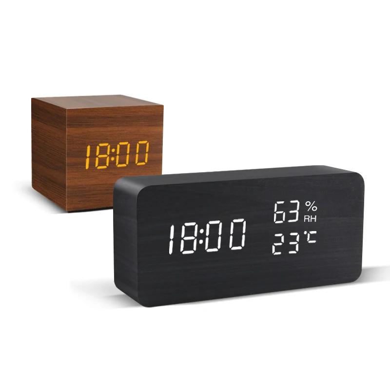 Réveil LED montre en bois Table commande vocale numérique bois Despertador USB/AAA alimenté horloges