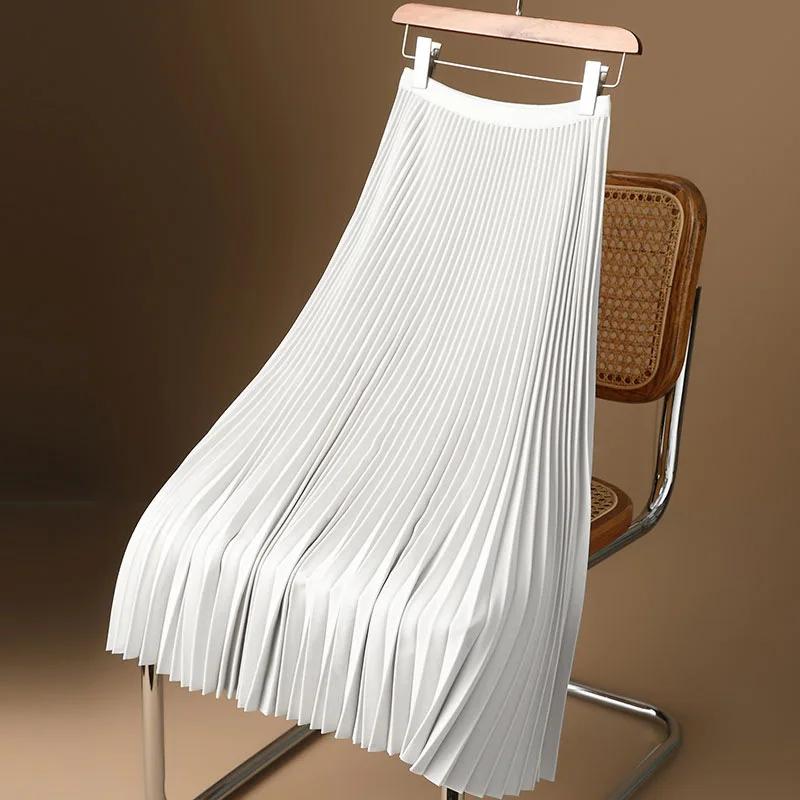 Jupe mi-longue plissée taille haute pour femme, jupe trapèze, jupe longue, satin lisse, ceinture éla