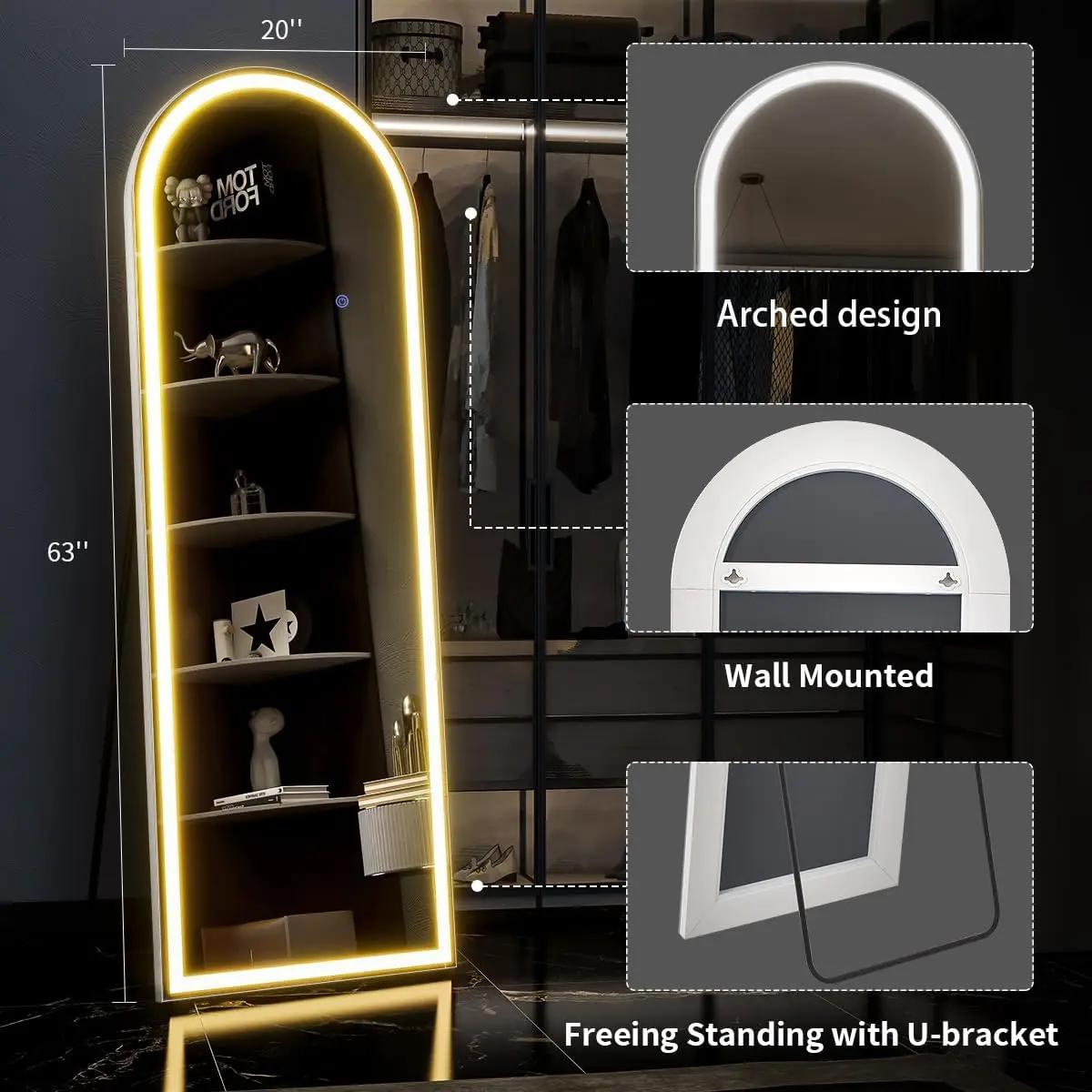 Miroir pleine longueur arqué 63 "x 20" avec lumières, miroir LED pleine longueur, miroir de sol écla
