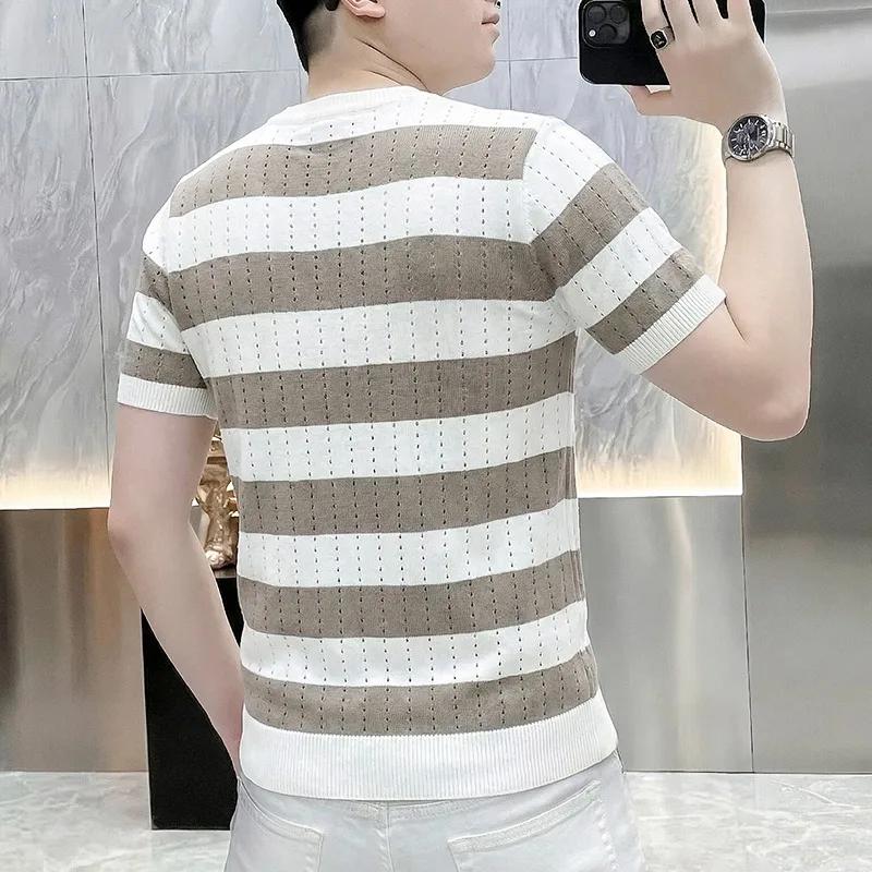T-shirt en maille de soie glacée style britannique pour homme, rayé, à manches courtes, col rond, co