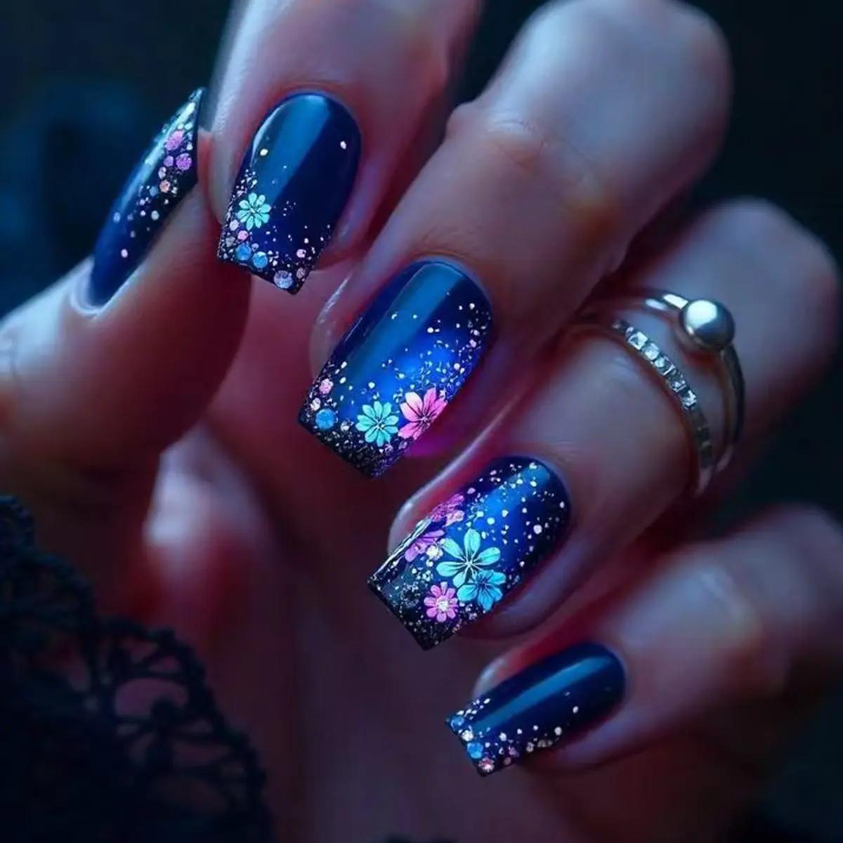 Faux ongles courts et moyens, violet, bleu, rouge, marron, fleurs noires, papillon, automne-hiver, p