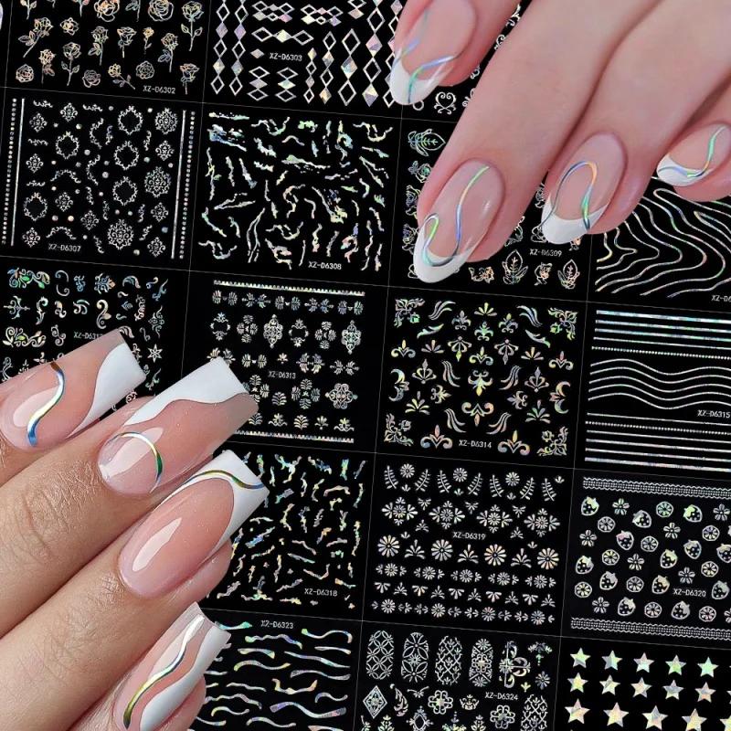 6/30 autocollants pour ongles 3D laser doré rétro, motifs floraux, étoiles, cœurs, feuilles, décorat