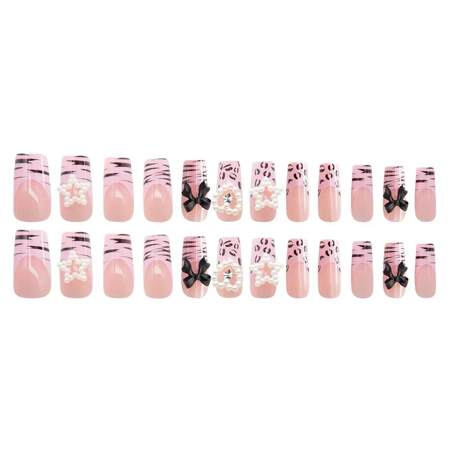 Faux ongles français à motif zèbre rose, à pression, en forme de cercueil, carrés moyens, Y2k, couve
