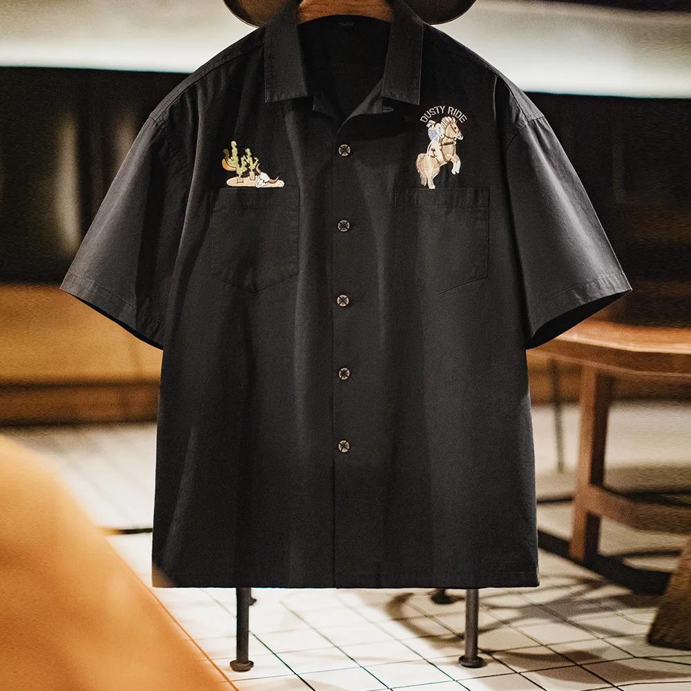 Chemise Maden pour homme, style rétro, col cubain, en coton noir, manches courtes, broderie, chemise