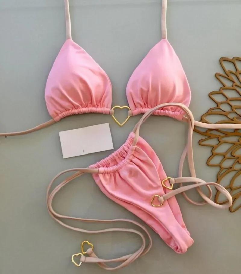 Sexy licou couleur unie ensemble Bikini maillot de bain pour femme deux pièces Triangle string maill