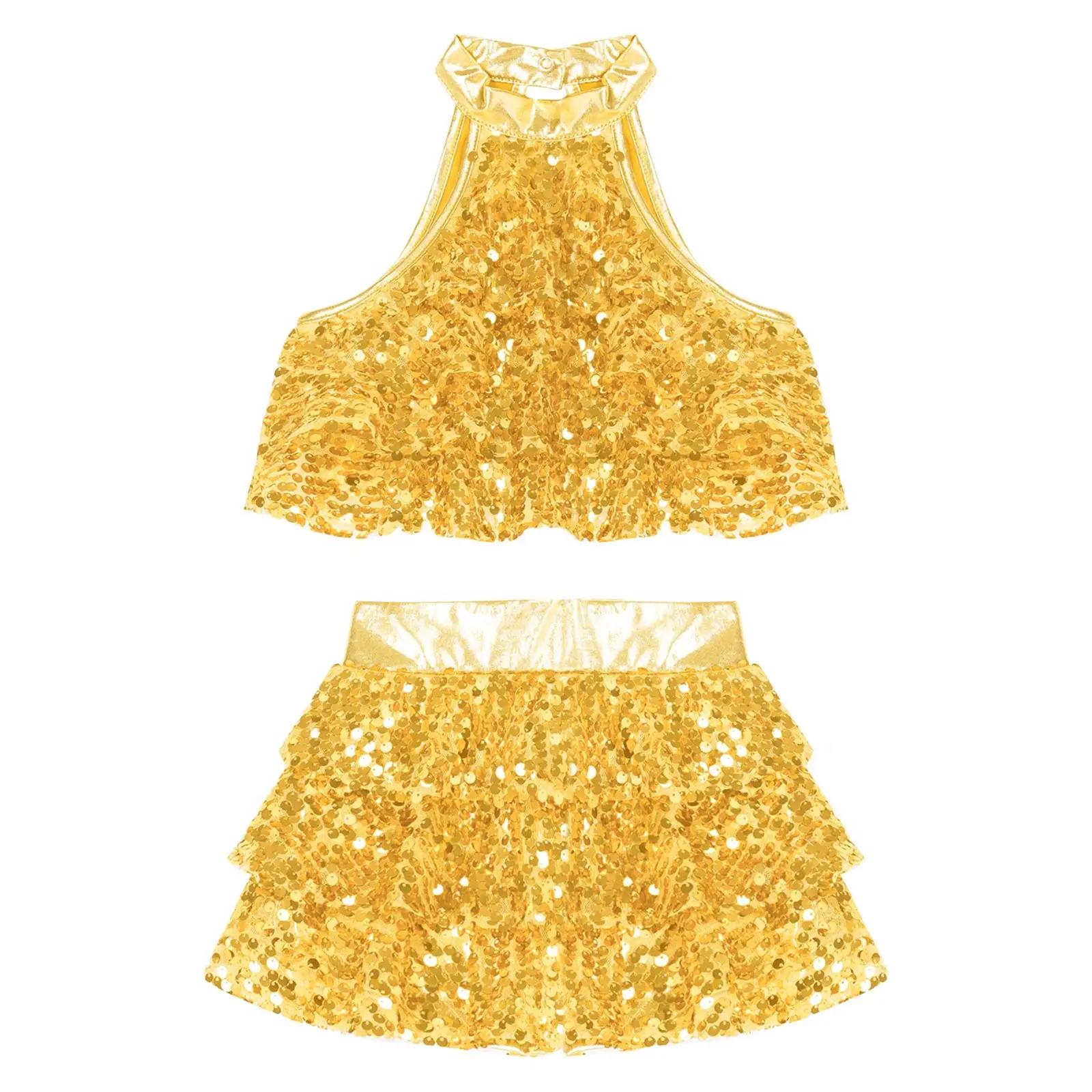 Haut court à plusieurs niveaux avec jupe pour enfants, paillettes brillantes pour filles, ensemble d