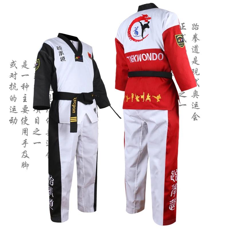 Uniforme de Taekwondo Dobok col V pour adultes et ados - Vêtements TKD noirs rouge et bleu certifiés WTF 3 documents