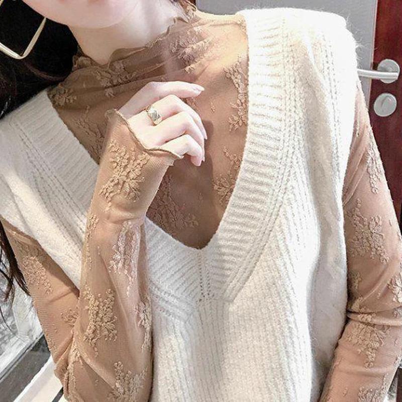 T-Shirts en maille pour femmes, chemisier en dentelle transparente, manches longues, hauts transpare