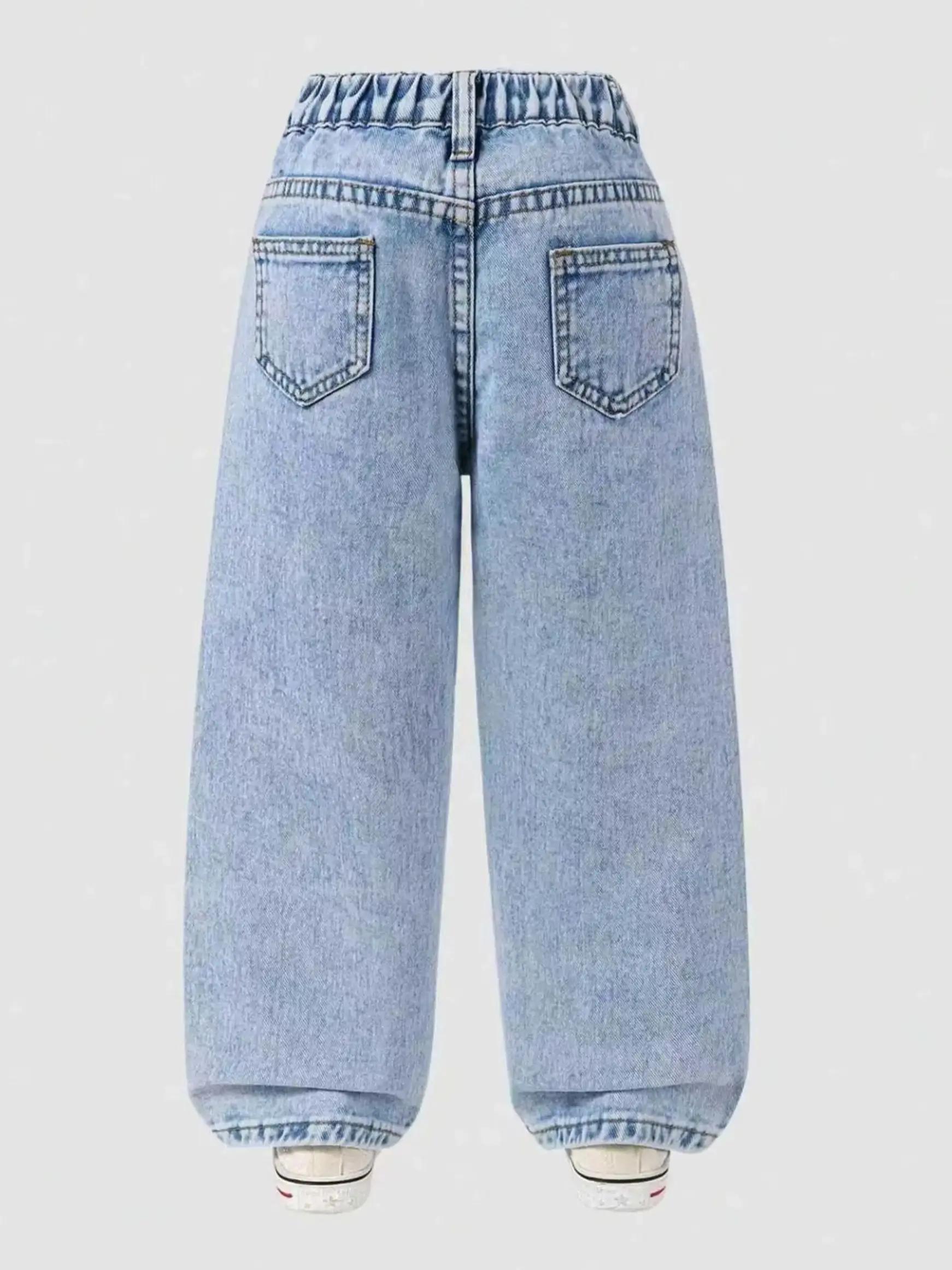 Jean en denim à pois pour filles, imprimé floral, tendance, taille ample, pantalon décontracté polyv