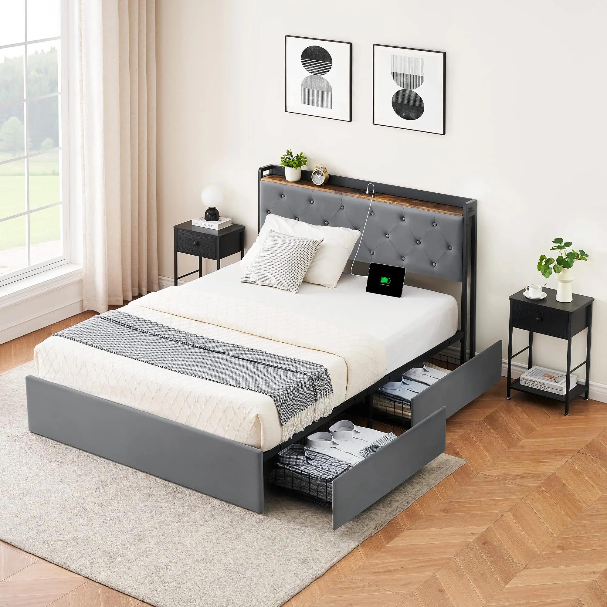 Cadre de lit avec 4 wers de proximité de stockage et station de recharge, avec planche de sauna de s