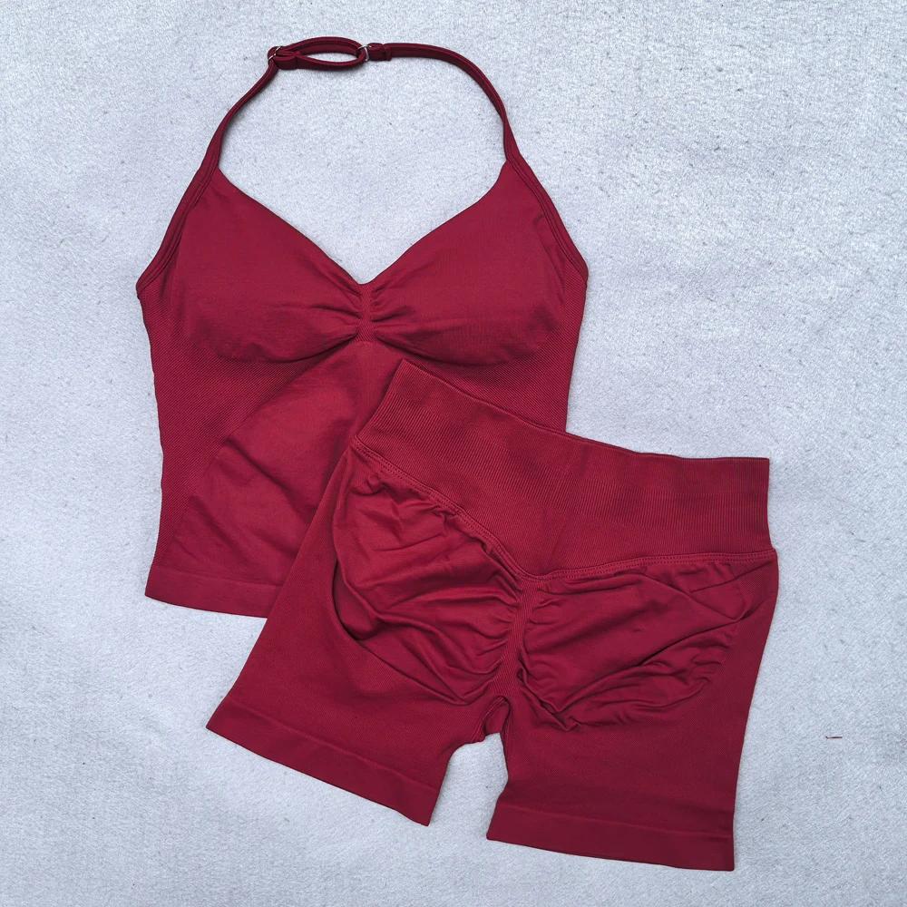 Ensemble de Yoga sans couture pour femmes, 2 pièces, débardeur rembourré, col licou, froissé, levage