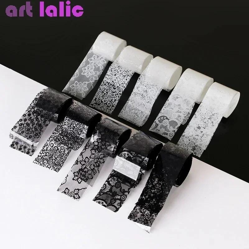 Feuille de transfert de dentelle noire et blanche, 10 rouleaux de 2.5x60cm, pour Nail Art, enveloppe