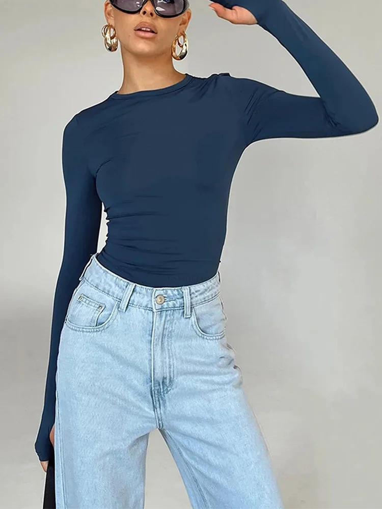 Mode femmes T-shirt à manches longues col rond solide coupe ajustée dames haut court avec trous pour