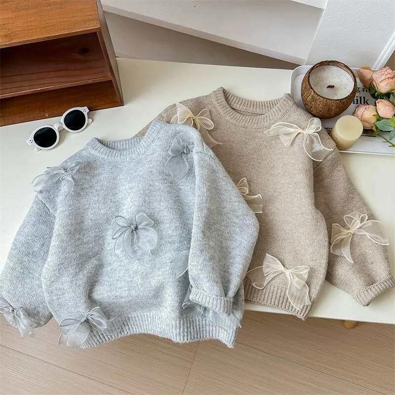 Chandails coréens de couleur unie pour filles, vêtements pour enfants avec nœud mignon, automne hive