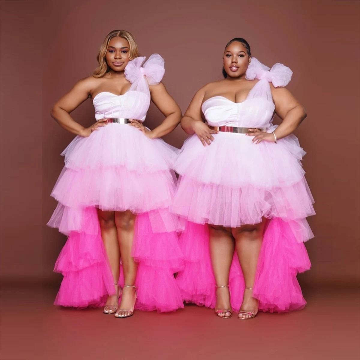 Magnifiques robes de bal roses asymétriques en tulle à volants, robes de soirée trapèze pour femmes,