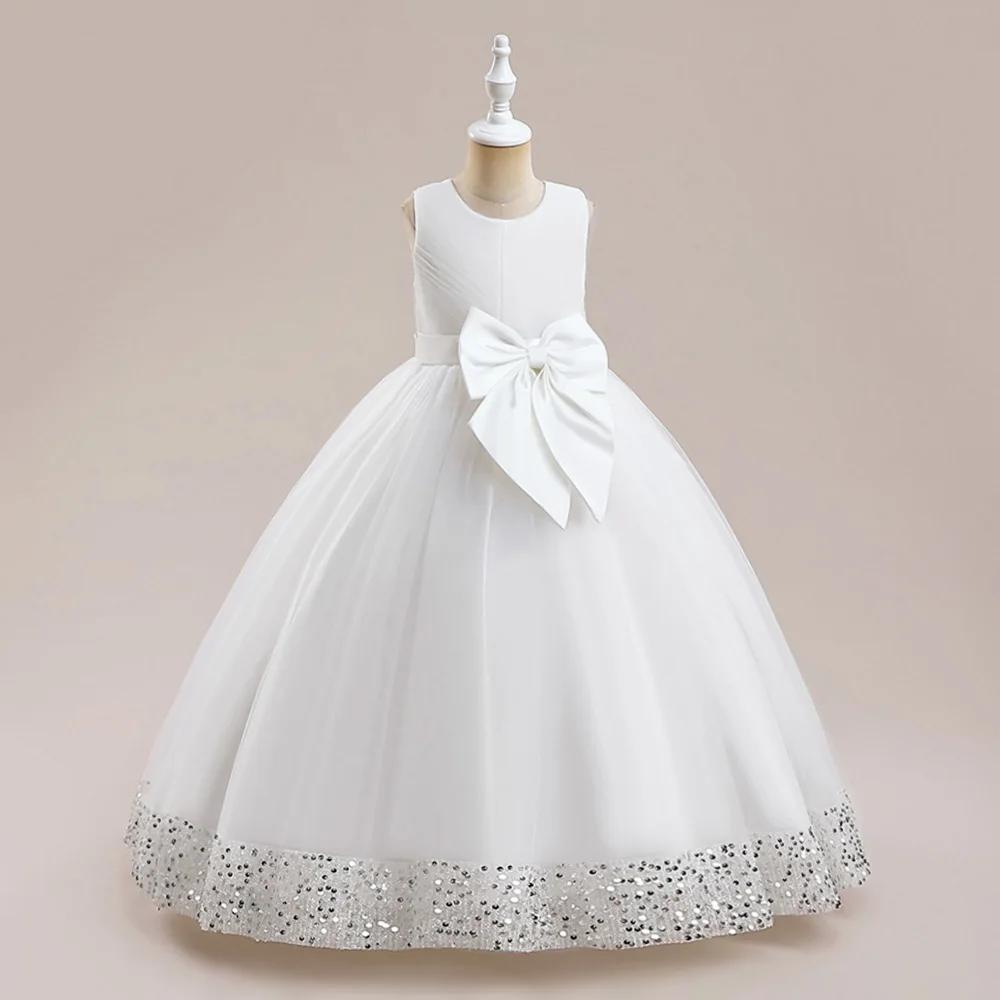 Robe princesse de demoiselle d'honneur à paillettes moelleuses pour filles, avec nœud élégant, rose,
