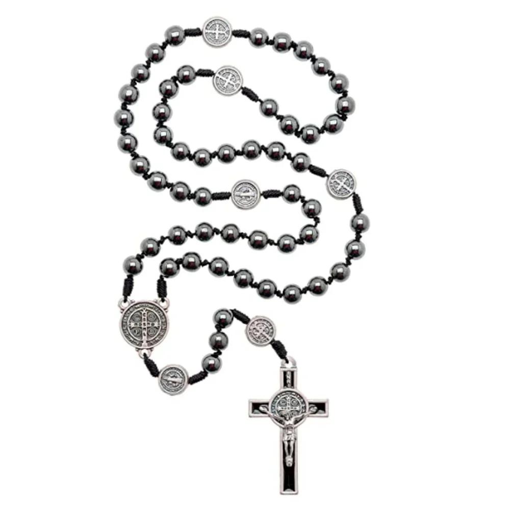 Chapelet catholique, ornement de voiture, perle d'hématite noire, médaille de Saint benoît, croix de