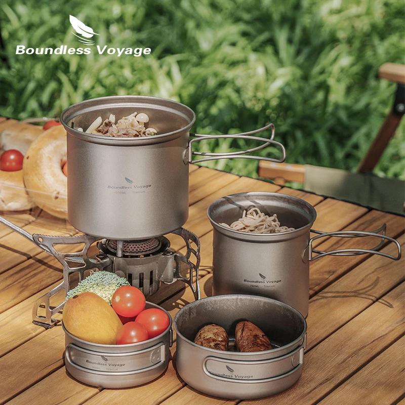 Ensemble de casseroles de Camping en titane, Voyage sans limites, avec poignée pliante, pique-nique,
