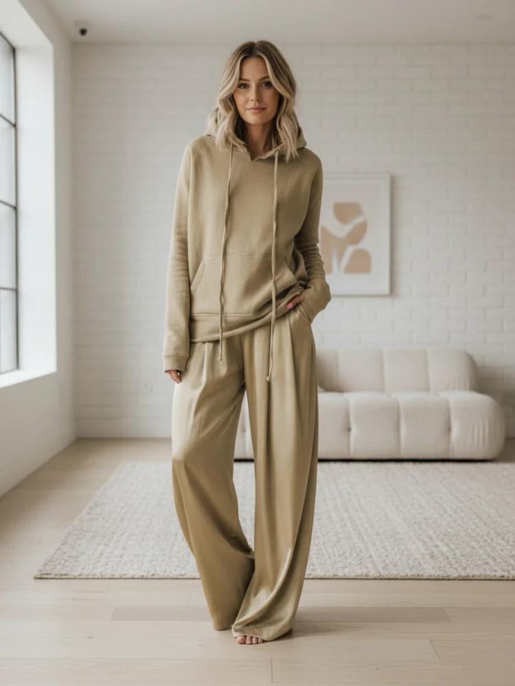 Onecozyday – pantalon taille haute à jambes larges et sweat-shirt à capuche à manches longues, coupe