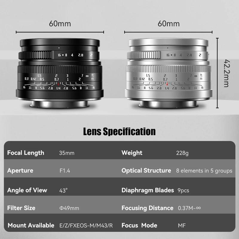 7artisans 35 mm F1.4 Mark II APS-C Objectif manuel à grande ouverture pour Sony E ZVE10 A6000 Fujifi