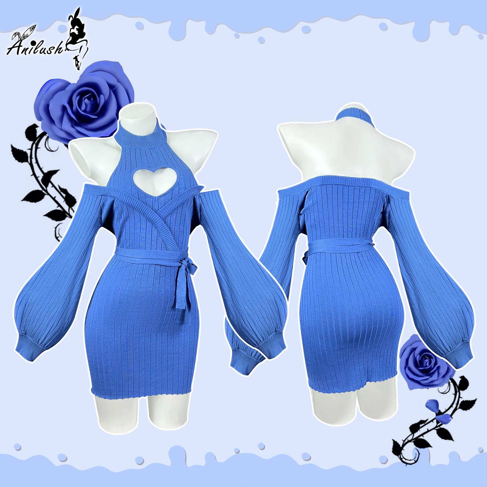 Robe en tricot bleu sexy à motif d'automne et de cœur, bretelles, dos nu, pull à col roulé doux pour