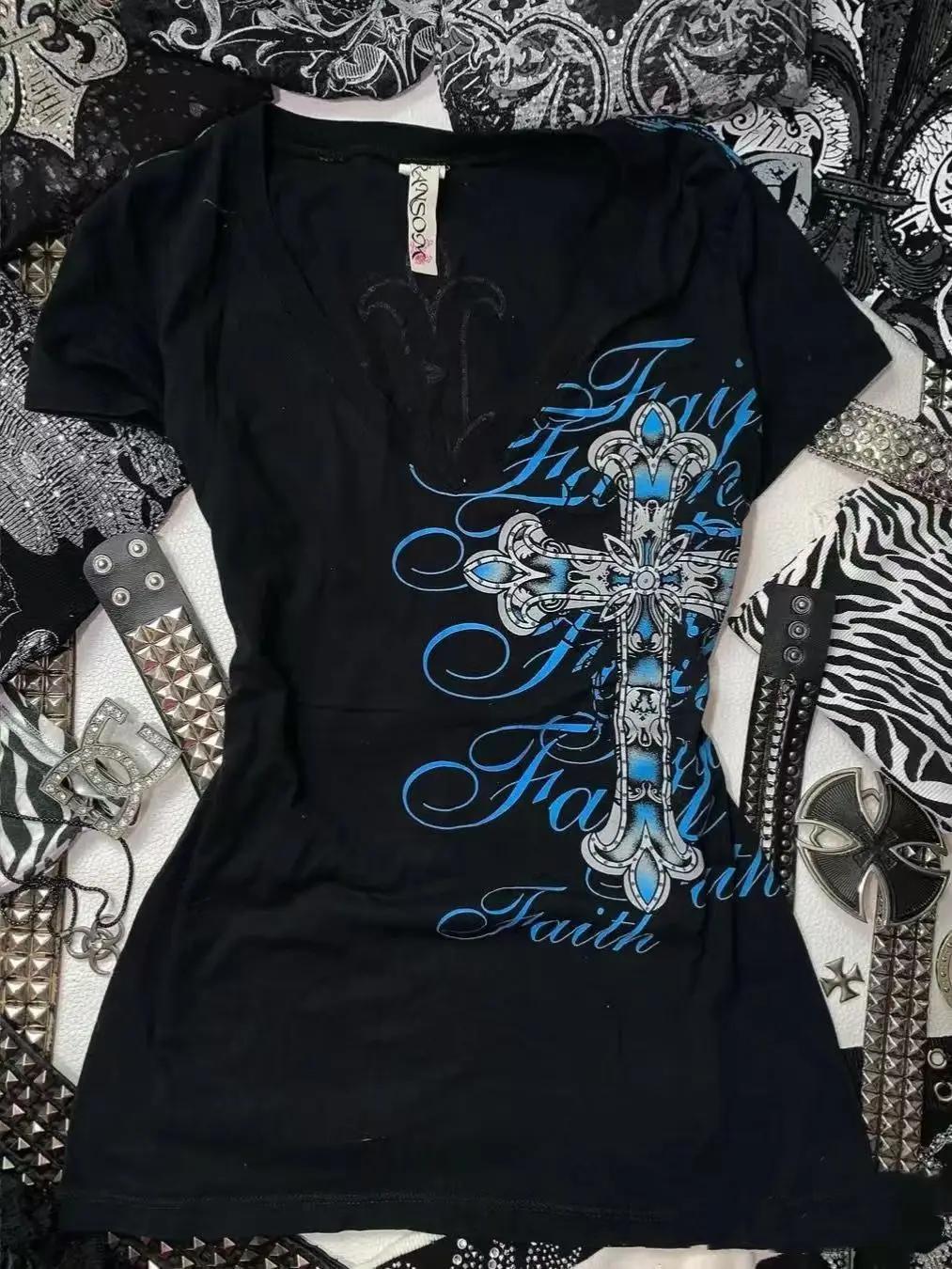 Rock gothique Streetwear lettre croix graphique t-shirts Gyaru 2000s vêtements haut Harajuku femmes 