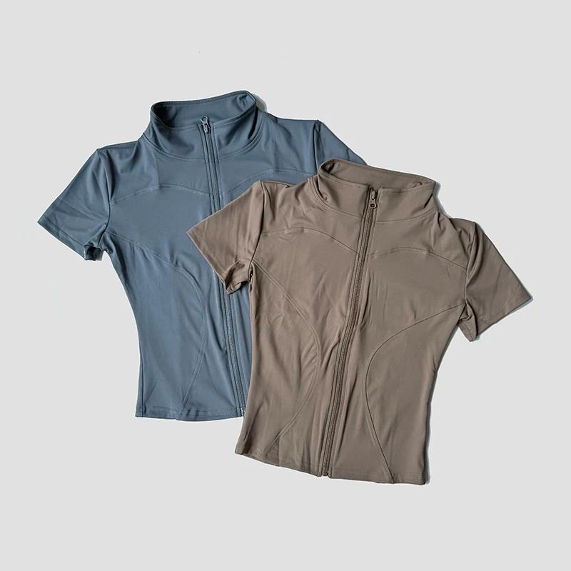 Chemise de Yoga à manches courtes pour femmes, coupe cintrée, col montant, veste à fermeture éclair,