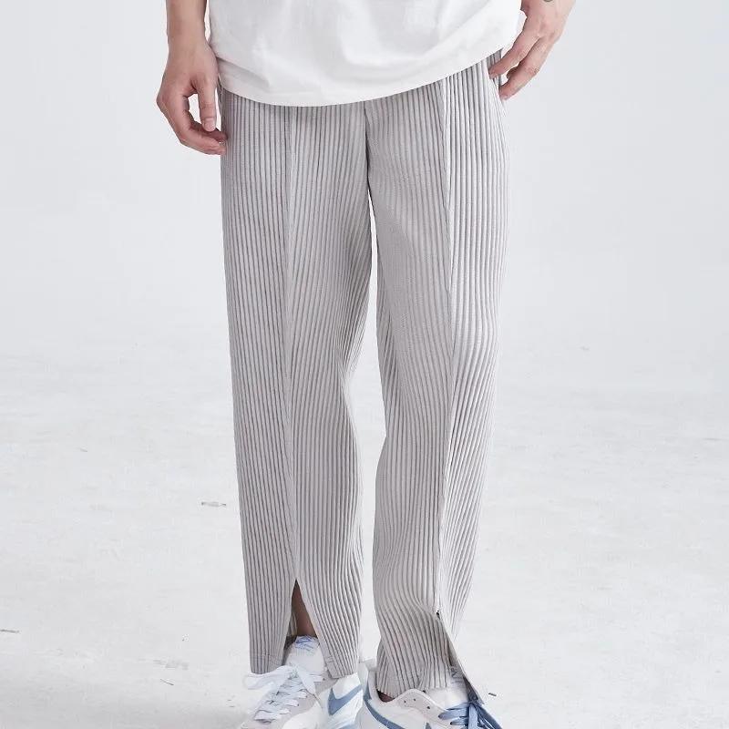 Miyake plissé hommes fente pantalon noir drapé automne décontracté pantalon droit ample Simple vêtem