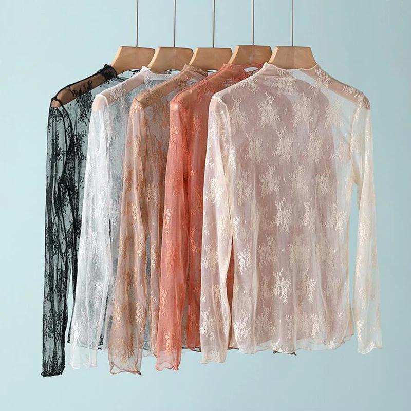 T-Shirts en maille pour femmes, chemisier en dentelle transparente, manches longues, hauts transpare