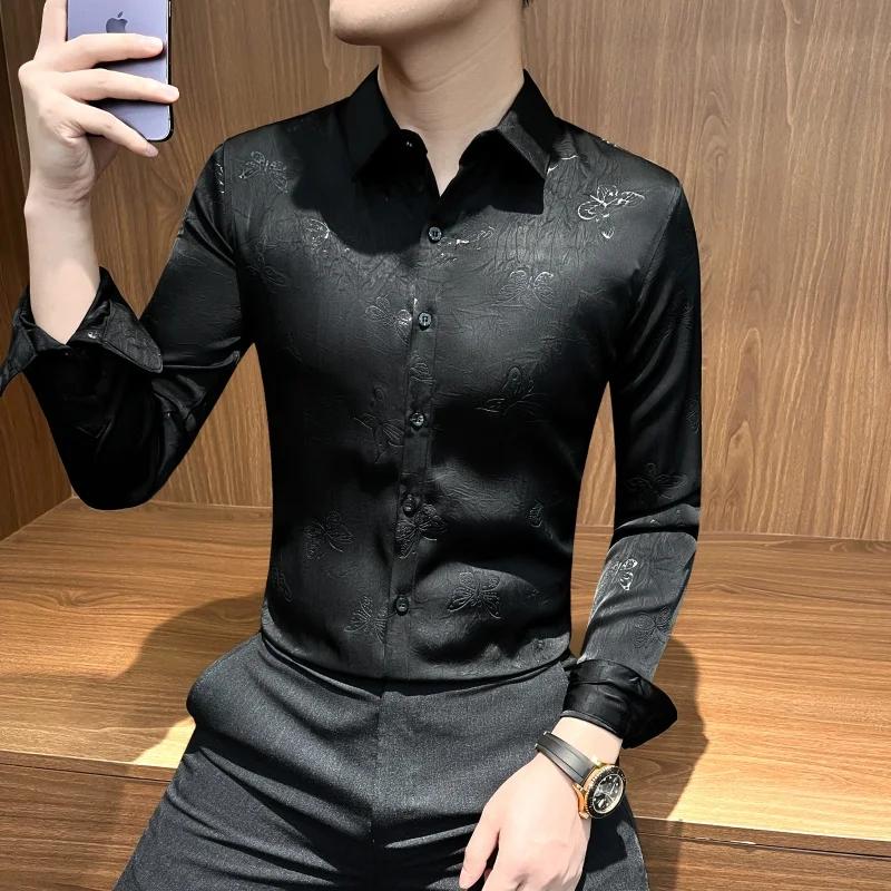 Chemise Jacquard papillon à manches longues pour hommes, tenue d'affaires décontractée, Slim Fit, St