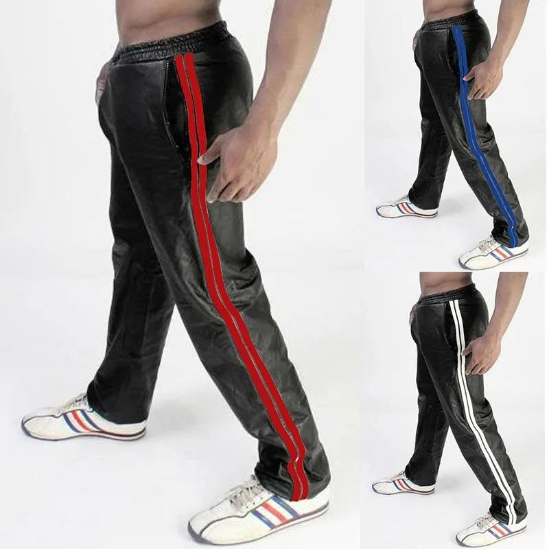 Pantalon de jogging en cuir PU pour homme, décontracté, à double rayures latérales, coupe droite, taille élastique, style Hip Hop Streetwear