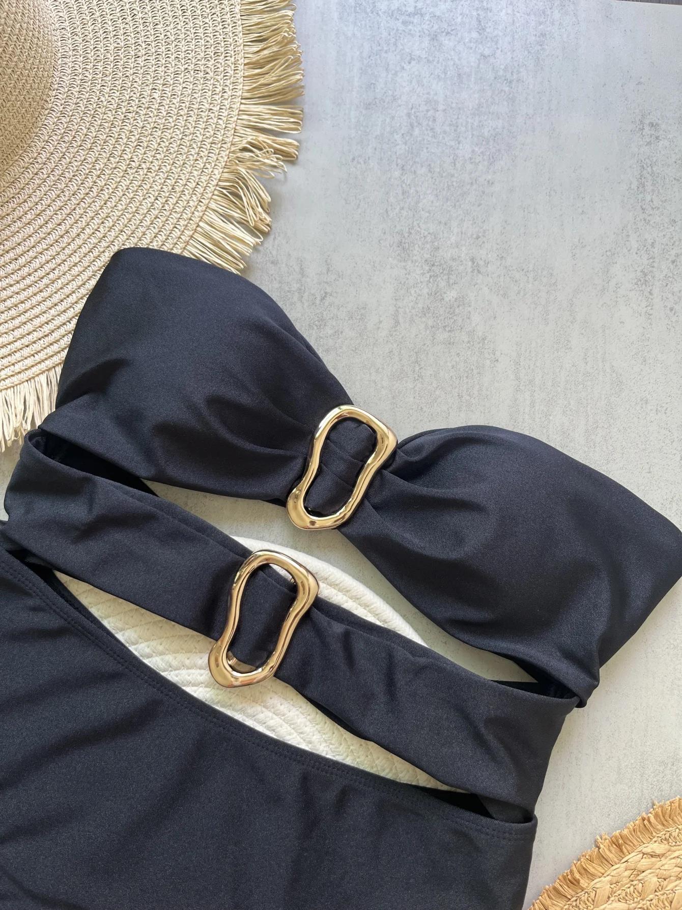 3 couleurs Sexy anneaux en métal découpé femmes maillots de bain une pièce maillot
