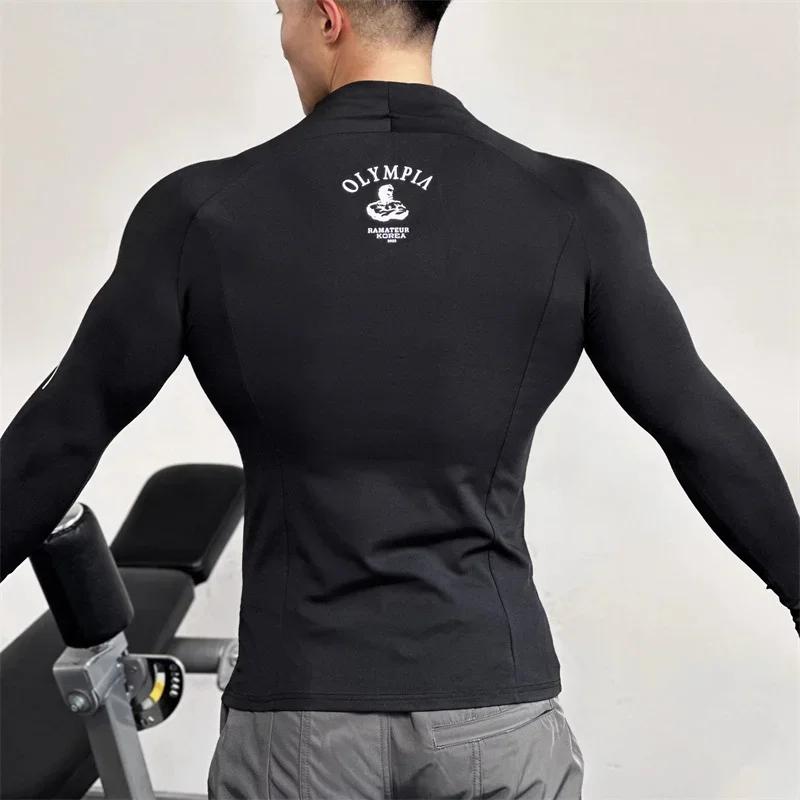 T-shirt sport hommes manches longues séchage rapide élastique serré col rond fermeture éclair printemps automne