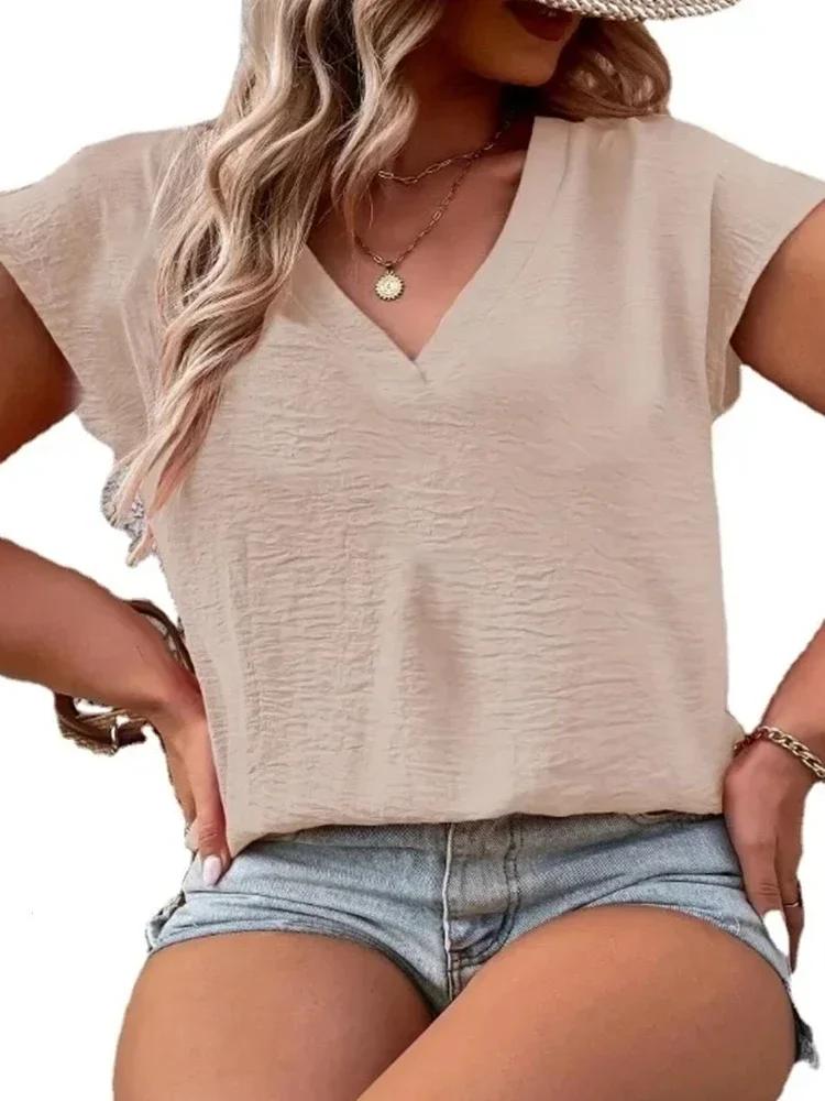 Chemisier uni à col en V pour femmes, grande taille 1XL-5XL, chemisier décontracté à manches courtes pour printemps et été, vêtements grande taille pour dames