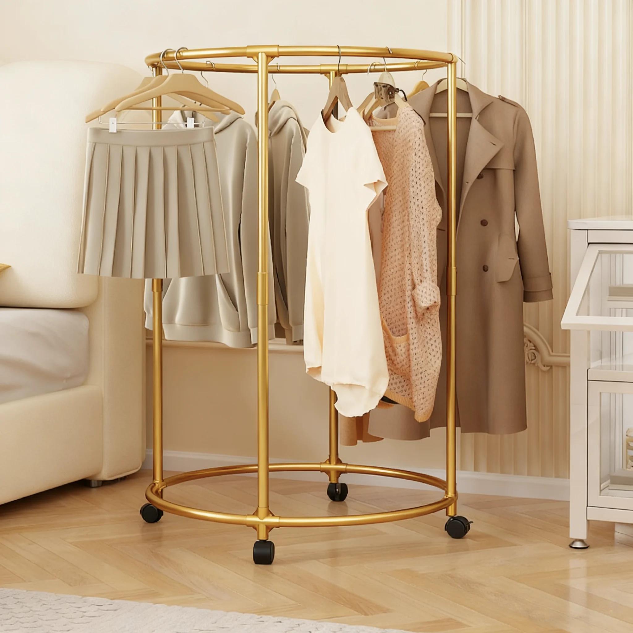 Porte-vêtements multifonctionnel rotatif à 360 degrés en acier inoxydable, porte-manteau, support de rangement autoportant pour chambre à coucher, support rond en métal robuste pour usage domestique -