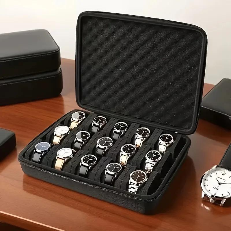 Boîte de rangement de montre avancée, boîte de rangement de montre à 15 fentes pour cartes, boîte de rangement de bijoux Portable, vitrine, adaptée à la maison