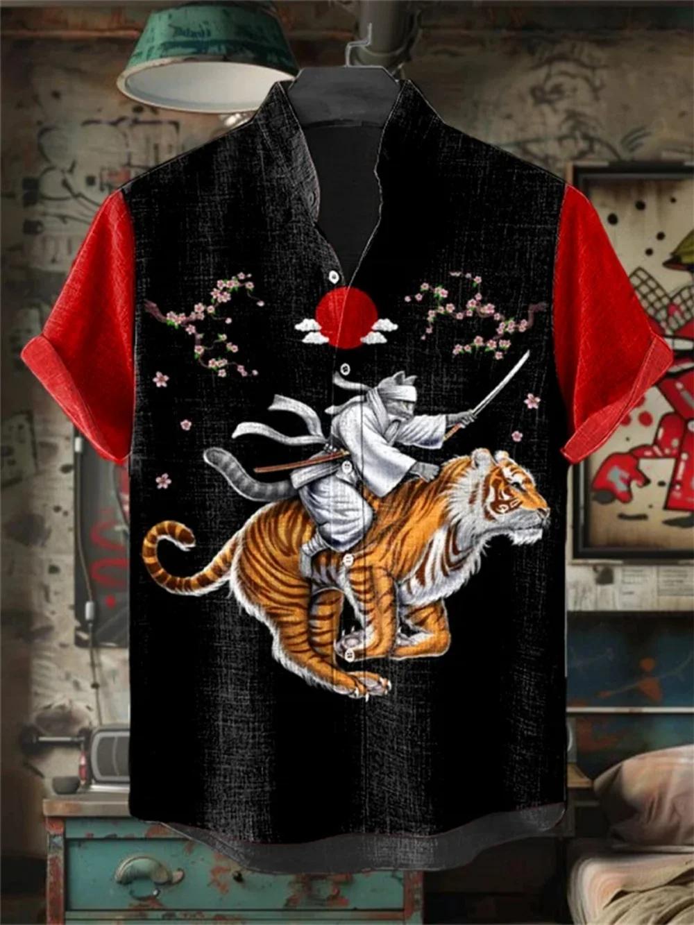 Chemise Homme Grande Taille Imprimée Motif Dessin Animé, Col Montant Tendance, Manches Courtes, Tenue en Lin de Haute Qualité pour l'Extérieur