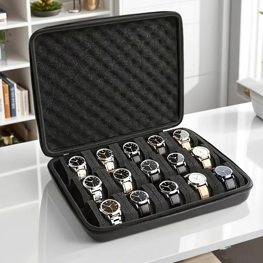 Boîte de rangement de montre avancée, boîte de rangement de montre à 15 fentes pour cartes, boîte de rangement de bijoux Portable, vitrine, adaptée à la maison