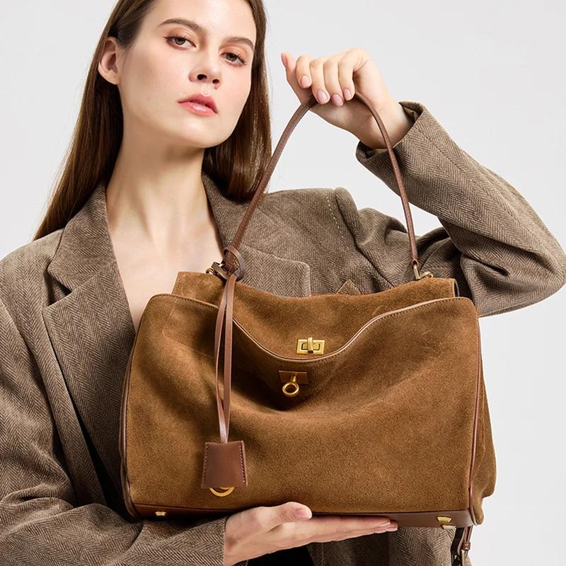 Sac à main en daim et cuir véritable pour femmes