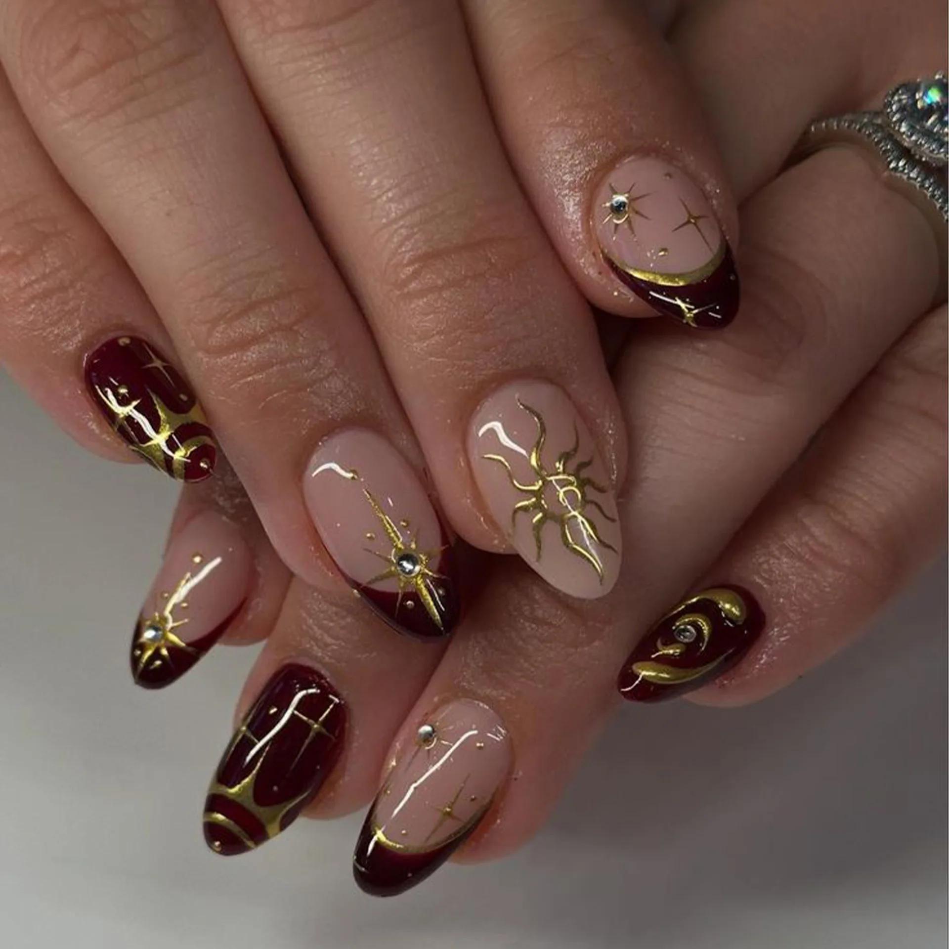 24 pièces faux ongles courts en amande ailes de papillon Nail Art avec colle paillettes fleur