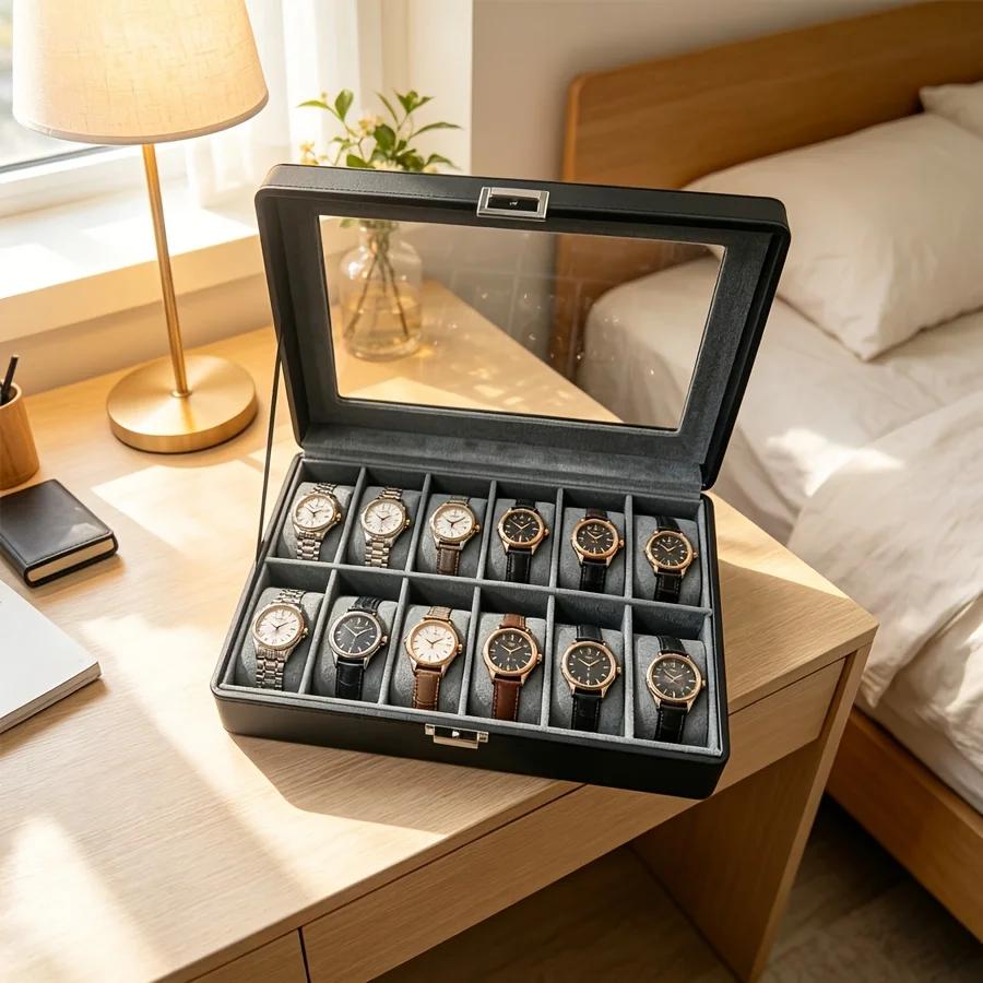 Boîte à montres en cuir pour homme à 12 emplacements avec serrure et 3 boîtes de rangement transparentes pour bracelets, organisateur de montres de luxe pour collectionneurs et passionnés d'horlogerie