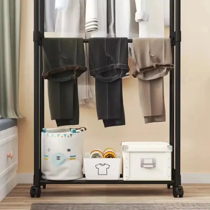 Porte-vêtements à Double tige, avec crochets, organisateur de vêtements suspendu pour chambre à coucher, cintre mobile avec roulettes