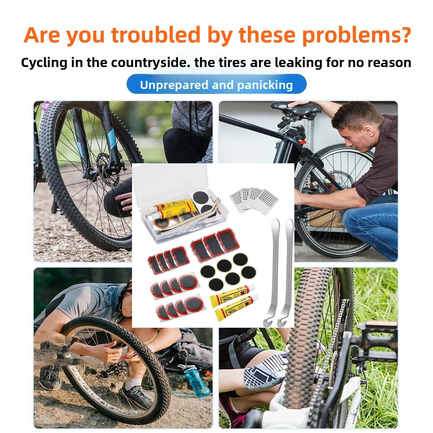 Kit de réparation de pneus de vélo - Outil essentiel pour les cyclistes avec des patchs, des râpes métalliques, des leviers de pneus et de la colle pour les réparations en déplacement