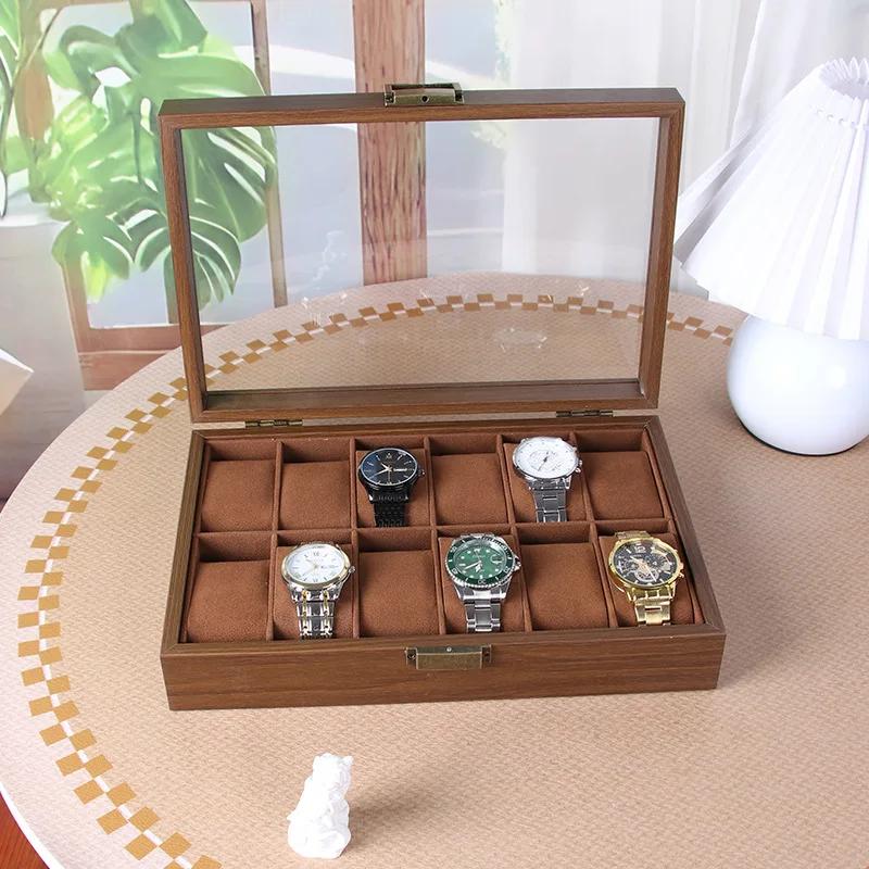 Boîte à montres en bois à 12 emplacements avec couvercle en verre
