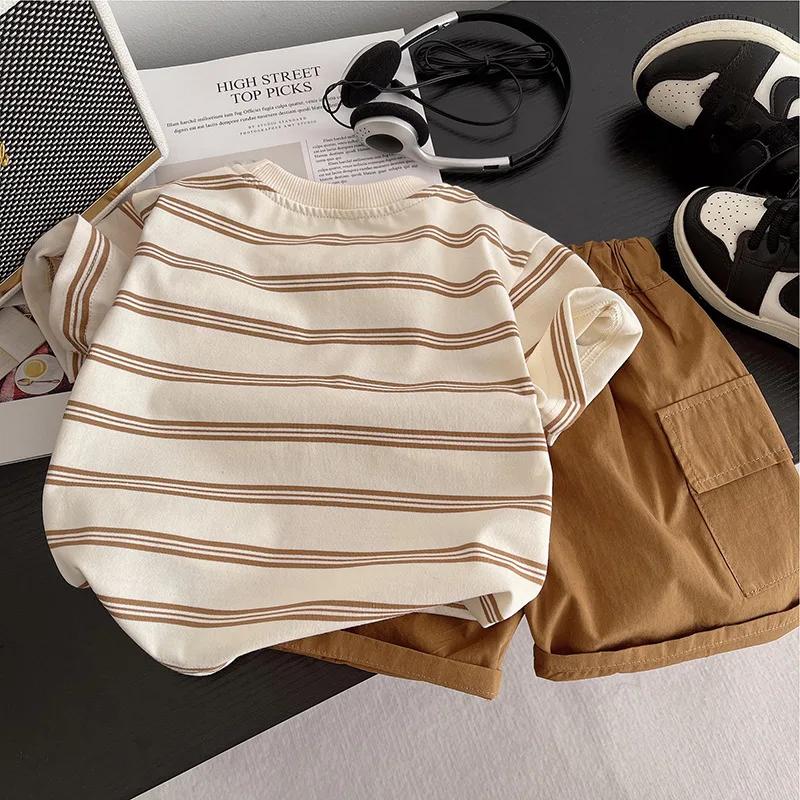 Vêtements d'été pour enfants, costumes pour bébés garçons, t-shirt rayé avec poche, shorts, 2 pièces/ensemble, costume décontracté pour tout-petits, survêtements pour enfants
