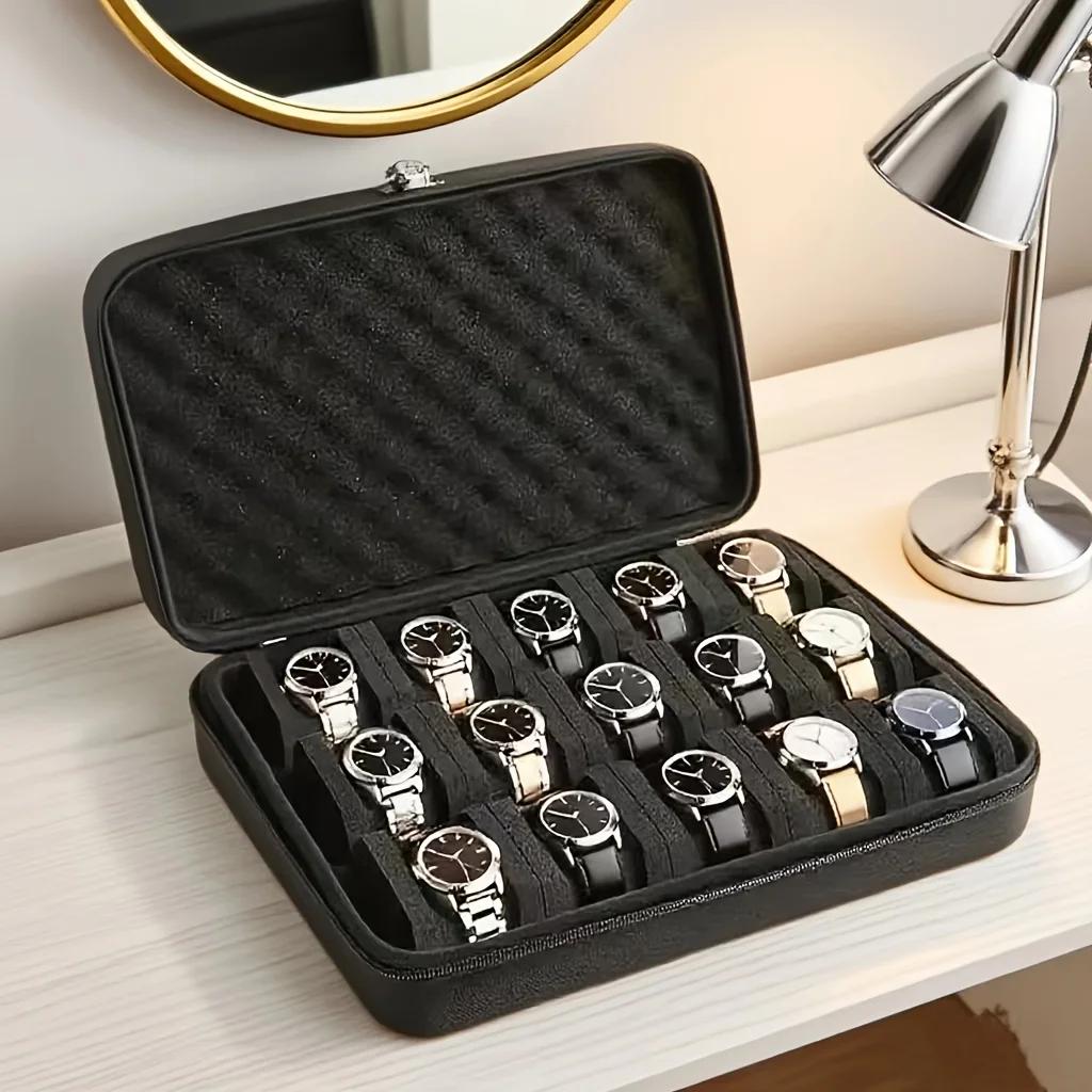 Boîte de rangement de montre avancée, boîte de rangement de montre à 15 fentes pour cartes, boîte de rangement de bijoux Portable, vitrine, adaptée à la maison
